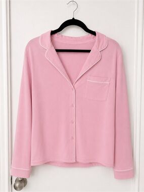 Classic Pink Piped Pajama Top - Women's Long Sleeve Lounge Shirt